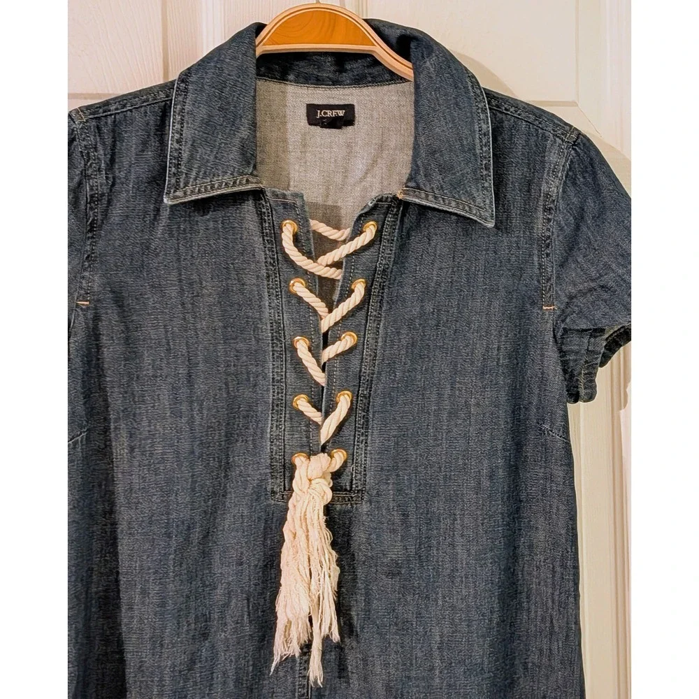 J. Crew Denim Chambray‎ Lace Up Shirt Dress Blue Size 2 Short Sleeve NWOT  $98